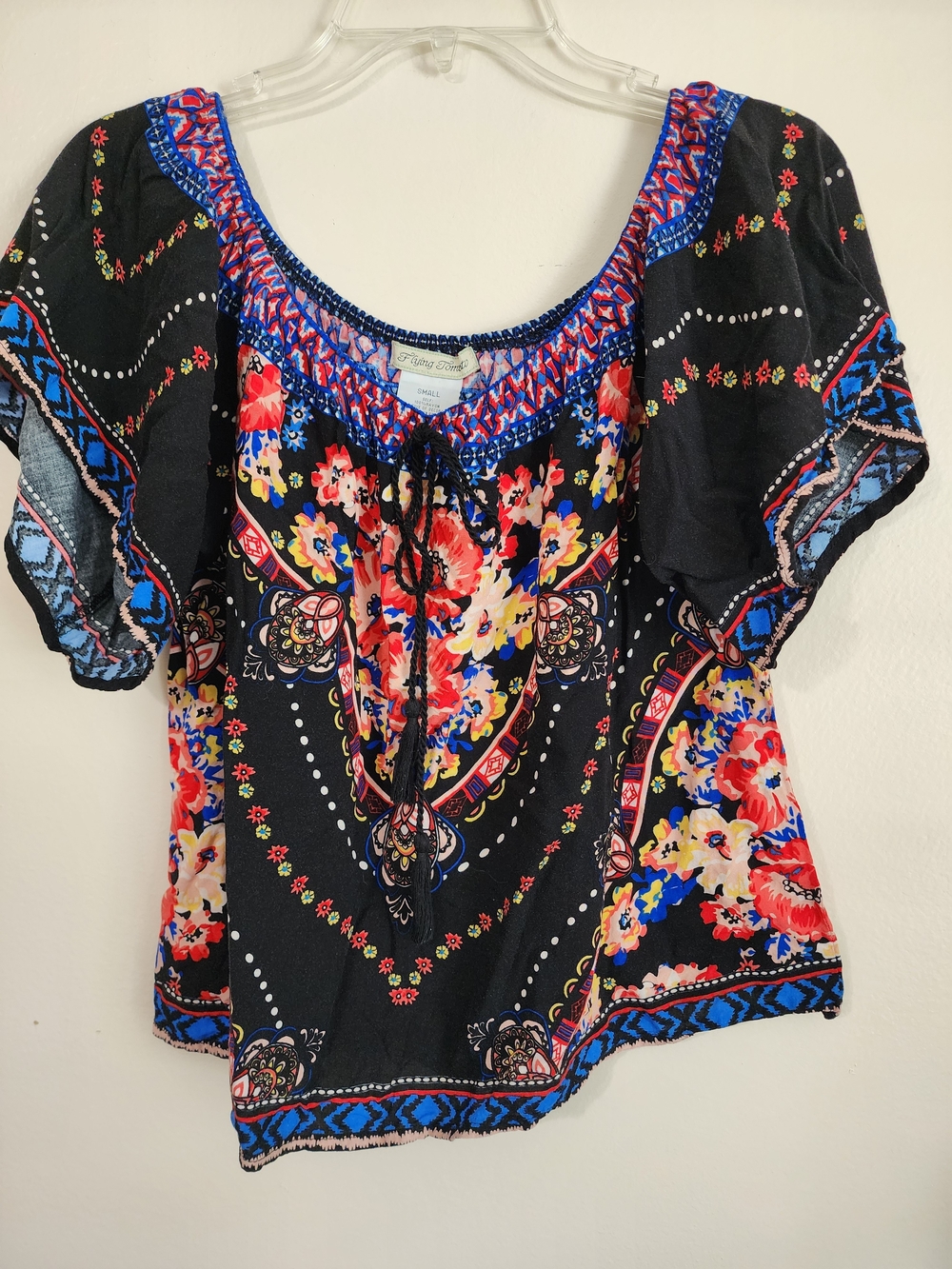 Flying Tomato Black Scoop-Neck Floral Peasant Top with Blue Trim